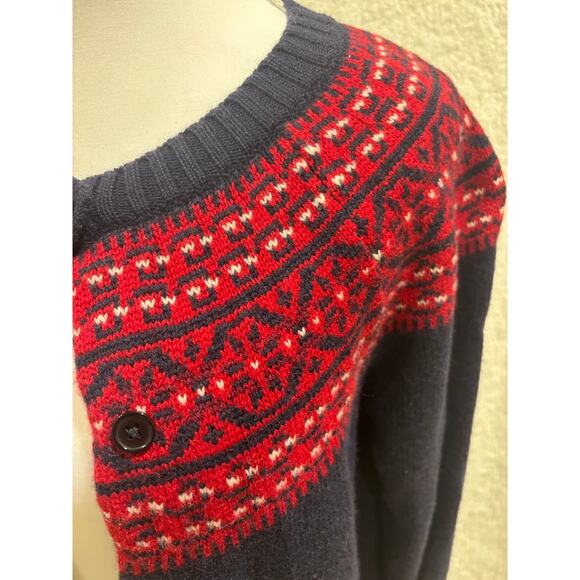Talbots Petites Wool Fair Isle Cardigan Sweater Navy Red MP Nordic Winter Knit - Picture 3 of 9